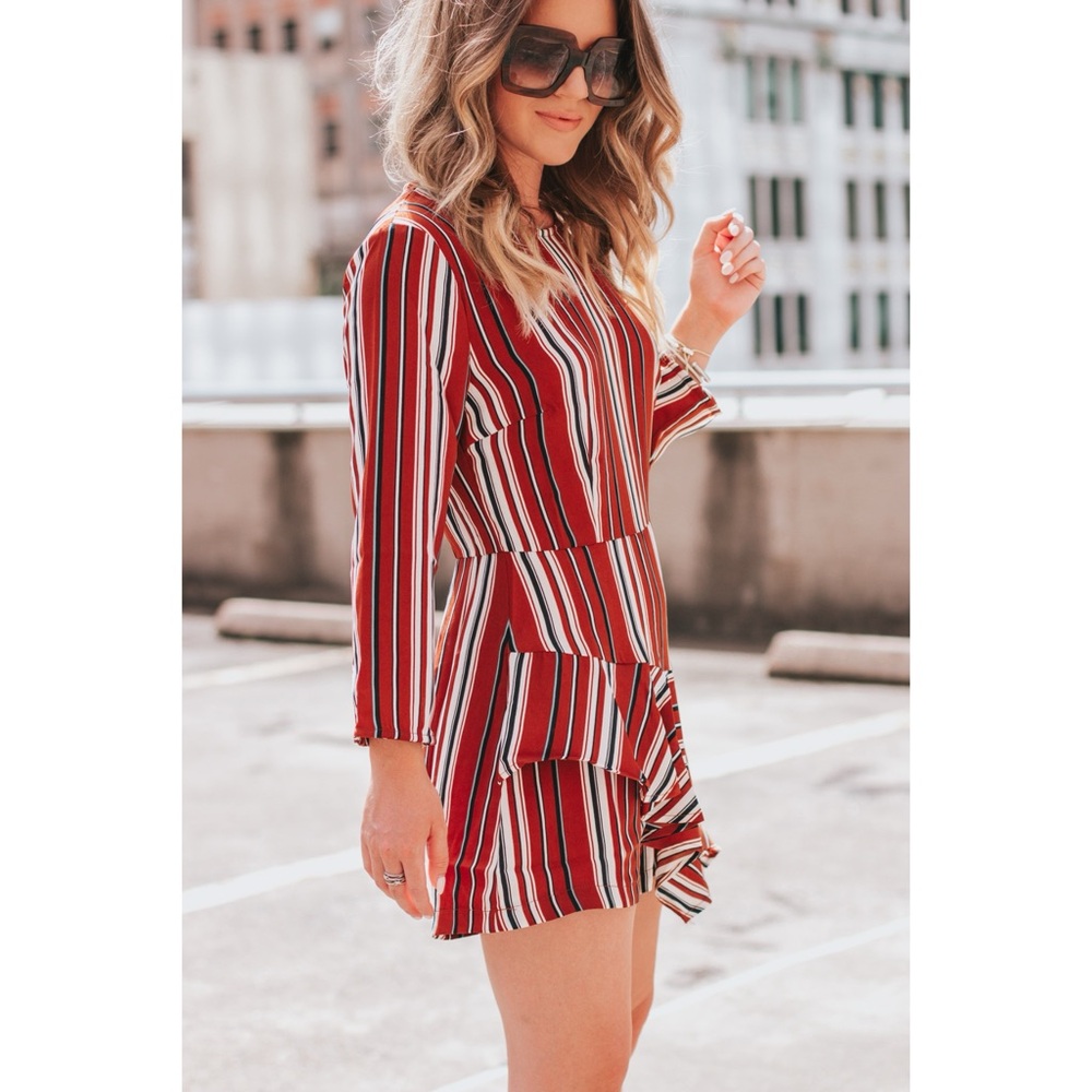 . Nordstrom Lush Rust Orange Striped Asymmetrical Long Sleeve Ruffle Romper - Picture 4 of 15